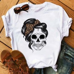 Cartoon Mama Leopard T Shirt Turban Skull Print Women Tshirts Casual O-neck Tops Loose Harajuku White Korean Style Clothes