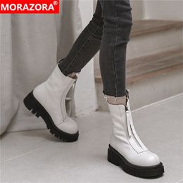 MORAZORA 2021 New genuine leather boots zip platform ankle boots round toe fashion autumn winter boots ladies casual shoes 201031