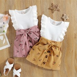 Citgeett Summer Toddler Baby Girls Skirt Set Sleeveless Ruffle Tops Shirt Floral Waist Belt Short Outfits Clothes 220705