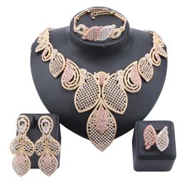 Dubai Gold Colour Big Necklace Wedding Accessories Crystal Bracelet Dangle Earrings African Bridal Ring Gift Jewellery Sets