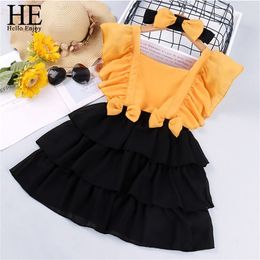 HE Hello Enjoy Summer Dress for Baby Girl Sleeveless Bow Cake Dress Party Wedding Princess Dresses Children Kid Clothes 220521