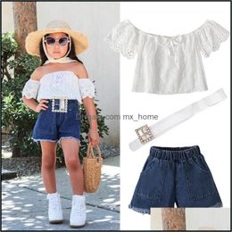 Clothing Sets Kids Girls Outfits Children Off Shoder Topsanddenim Shortsandbelt 3Pcs/Set Summer Fashion Boutiqu Mxhome Dhxsw