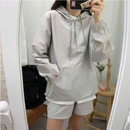 Women's Tracksuits Hooded Loose Long Sleeved Sunscreen Korean Outer Wear Running Suit 2022 Summer Fashion Ladies Causal Shorts Two Piece Set