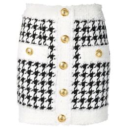 HIGH QUALITY est Fall Winter Baroque Designer Skirt Womens Fringed Lion Buttons Houndstooth Tweed Mini Skirt 210311