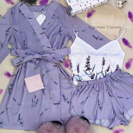 Floral Printed Sleepwear Silk Robe Suit Womens Satin Pyjamas Gown Set VNeck Cami Nighties Wear Pijama Home Nightwear Nightdress 220527