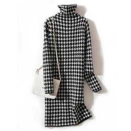 dress large size autumn and winter Korean version of the houndstooth casual thick warm high-neck knitted bottoming dress 220316