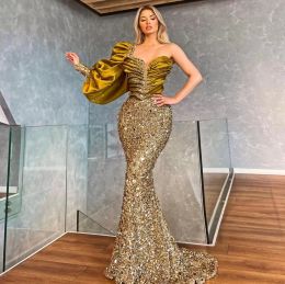 2022 Long Sleeves Gold Beaded Sequined Mermaid Evening Dresses Gowns For Woman Night Wear Party Plus Size Abendkleider