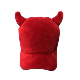 Visors Women Cute Cow Baseball Cap Horns Winter Warm Fluffy Real Sheep Fur Hat Party Supplies Headwear
