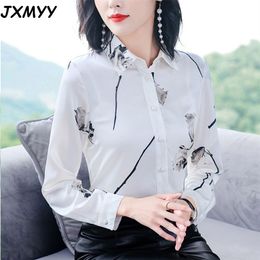 JXMYY spring women's long-sleeved mulberry silk print fashion slim plus size blouse heavy silk shirt comfortable lapel show 210412