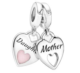 925 Sterling Silver Beads Charms Mother Daughter Double Heart Split Dangle Pendants Fit Original Bracelet DIY Women Jewellery