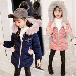 2022 Big Size Winter Girls Jacket Cartoon Dragoy Decoration Teenager Fur Collar Thick Keep Warm Hooded Windbreaker For Girls J220718