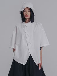 Women's Blouses & Shirts Women White Buckle Irregular Hem Big Size Blouse Lapel Half Sleeve Loose Fit Shirt Fashion Spring Summer 2022 1DE93
