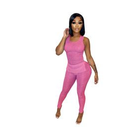 New Wholesale Tracksuits Summer Women Knitted Ribbed Outfits Sleeveless Pullover T Shirts Pants Two Piece Set Casual Sports suits Matching Set 7155