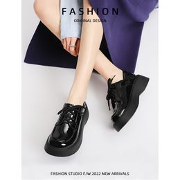 Thick Soles British Style Shoes Genuine Leather Cowskin Women's Dress Shoes Brown Loafer Black Platform Shoe
