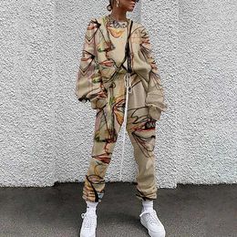 Women's Two Piece Pants Abstract Pattern Print Women 2 Pieces Sets Casual O Neck Tops And Loose Pant Tracksuit 2022 Autumn Style Streetwears