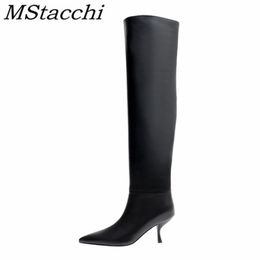 Mstacchi Tenis Feminino Solid Color Pointed Sexy Women Kneehigh Boots New Thin Heels Cowhide Fashion Leisure Female Shoes 201109