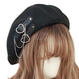Berets Sweet Cool Punk Beret Lolita Hat Cute Girls Japanese Heart Buckle Beanie Kawaii Preppy Style Girl BeretBerets