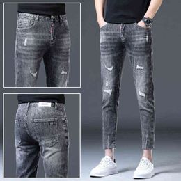 Korean 2022 Fashion Jeans Men's Spring and Summer Capris Grey Hole Elastic Slim Fit Leggings Thin Style
