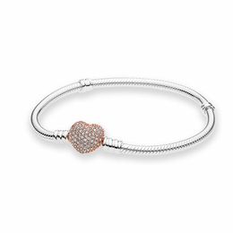 Rose gold plated Pave Heart Clasp Snake Chain Bracelet 925 Sterling Silver Womens Wedding gift designer Jewelry Original box for Pandora Moments Charms Bracelet