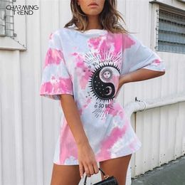 Summer Female Tie-dye Black And White Sun Tshirt Tops Loose O Neck Printed Pullover Women's Oversize T-shirt Pink Colorful 210702