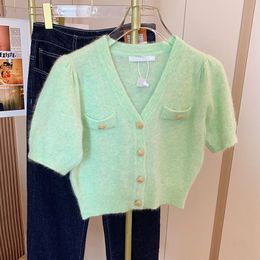 New women's v-neck green color mohair wool knitted short sleeve single breasted sweater top plus size SMLXL