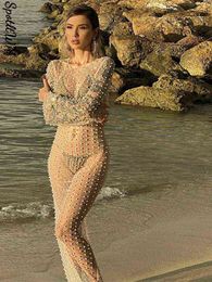 Vrouwen Fashion Sexy See-Through Beach Lange Jurk Dames Heldere Diamant Kralen Robe Vrouwelijke 2022 Zomer Mesh Lange-mouwen Jurk T220816