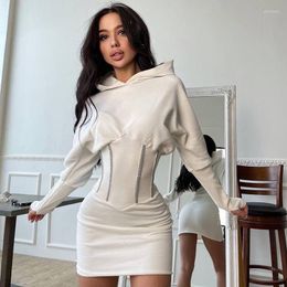 Casual Dresses Thorn Tree Solid Hooded Long Sleeve Corsets Patchwork Dress Sexy Women Skinny Mini 2022 Summer Fall Streetwear Outfits Y2K