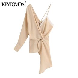 KPYTOMOA Women Fashion Lace Asymmetric Blouses Vintage Crossover V Neck Adjustable Thin Straps Female Shirts Chic Tops 210308