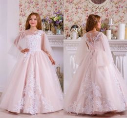 New Lovely Light Pink Lace Appliqued Tiered Flower Girl Dress Vintage Tulle Birthday Party Pageant Formal Wedding Gown