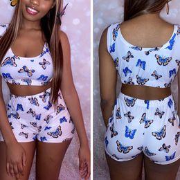 Women's Tracksuits Summer Women 2 Piece Pajamas Set Butterfly Leopard Print Sexy Sleeveless Crop Top And Shorts Sleepwear Matching OutfitWom