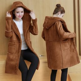 2019 New Winter Suede Leather Jackets Women's Lambs Wool Coats Long Thick Warm Hooded Jacket Female Outerwear Woolen Overcoats T200116