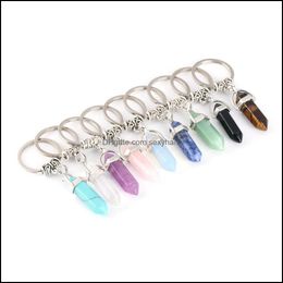 Key Rings Jewelry Natural Stone Hexagonal Prism Ring Keychain Rose Quartz Tigers Eye Opal Crystal Chain Keyring Drop Delivery Dhnl4