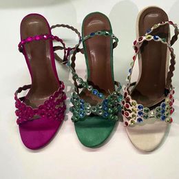 Sandals Green Purple Suede Glitter Rhinestone Beaded Strappy High Heels Jewelled Crystal Bride Shoes Banquet PumpsSandals