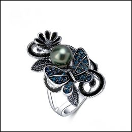 -Band Rings Jewelry Trendy Vintage Navy Blue Pearl Butterfly Crystal Ring to Ring para mulheres Acessórios para festas de casamento Drop Drop Deliver