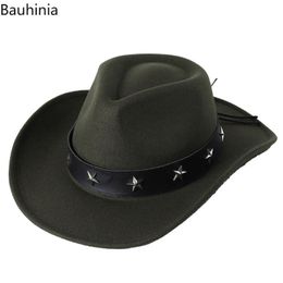 the fedora UK - Berets Wide Brim Black Jazz Fedoras Cap Vintage Womem Men Western Cowboy Hat With Punk Belt Cowgirl Toca Sombrero Dress HatBerets