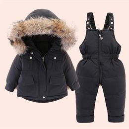 2pcs Set Baby Girl winter down jacket and jumpsuit for children Thicken Warm fur collar jacket for girls Infant snowsuit 0-4Year LJ201128