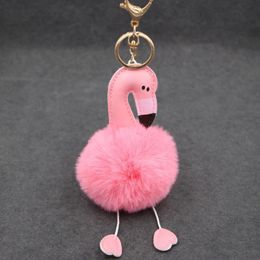 Keychains Simulation Rex Fur Pink Flamingo Key Chain - Beach Bag Purse Charm Gold Ring Fluffy Ball Fashion Gift