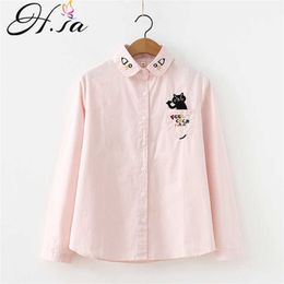 HSA Cartoon Blouses Women Shirts CAT Tops Casual Cotton Long Sleeve Blue Office Lady Blusas Loose Outwear Spring 210716