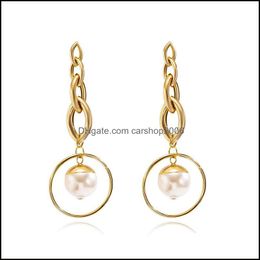 Charm Earrings Jewelry Retro Metal Long Imitation Pearl Bohemian Personality Irregar Geometric Shapes Big Round Chain Earring Women Gold Pen