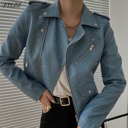 Women 2022 Spring New Faux Soft Leather Jacket Zipper Design Motorcycle PU Blue Jacket Long Sleeve Pink Biker Coat L220801