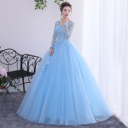 Beautiful Baby Blue Quinceanera Dresses 2022 Long Sleeve V Neck Ball Gown Prom Dress Floral Lace Corset Sweet 16 Party Evening Princess Girls Vestido De 15 Anos Festa