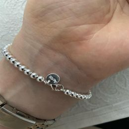 -Real 925 Silber Logo Luxus Herz Perlen -Tag Stränge Armband Frauen Fein Schmuck klassische Perlen Kette 4mm runde Ballarmbänder für 222g