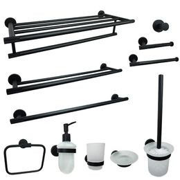 Bath Accessory Set Bathroom Accessories Towel Rack Shelf Matte Black Ring Hanger Wall Mounted Paper Holder Toilet Brush Robe Coat HookBath