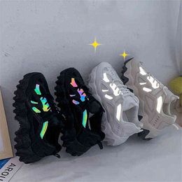 Dress Shoes Chunky Reflective Sneakers Women Fashion Black White Platform Wedges Sports Dad Harajuku Gothic Running Tennis Zapatos 220518