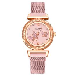 Wristwatches Retro Round Quartz Butterfly Pattern Dial Casual Watches Stainless Net Strap Fashionable Clock Waterproof Wristwatch For Women