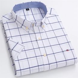 Men's Summer Casual Short Sleeve 100% Cotton Thin Ox Shirt Single Patch Pocket Standard-fit Button-down Plaid Striped Shirts 220401