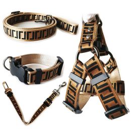 Luxury Dog Collars Leashes Set Designer Dog Leash Seat Belts Pet Collar and Pets Chain with for Small Medium Large Dogs Cat Chihuahua Poodle Corgi Pug Brown B34