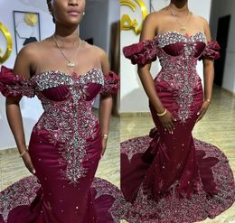 2022 Plus Size Arabic Aso Ebi Burgundy Mermaid Luxurious Prom Dresses Beaded Crystals Evening Formal Party Second Reception Birthday Engagement Gowns Dress ZJ440