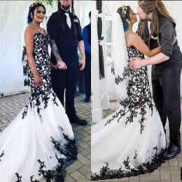 and Vintage Black White Mermaid Wedding Dresses Bridal Gown Lace Applique Ruffles Custom Made Ruched Sweetheart Neck Garden Vestidos De Novia