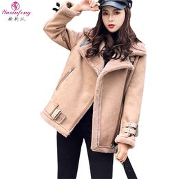 Yuxinfeng Women Winter Faux Leather Lambs Wool Coat Female Highstreet Thick warm Suede leather jacketsSnow Outwear with sash
